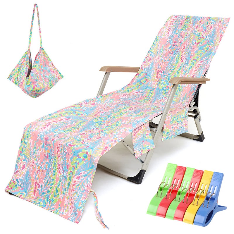 VOCOOL Beach Chair Towel Chaise Lounge Cover with Pockets and Clips Pool Chair Towel for Outdoor Patio Garden(Pink) - Image 1